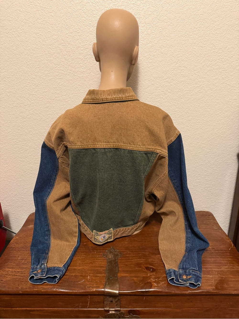 Vintage 1980’s Golden Star Colorblock Cropped Jean Jacket Brown, Olive & Indigo - Picture 3 of 11
